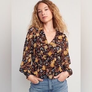 Old Navy V-Neck Smocked Floral Blouse Balloon Sleeve Babydoll Boho Peasant XL